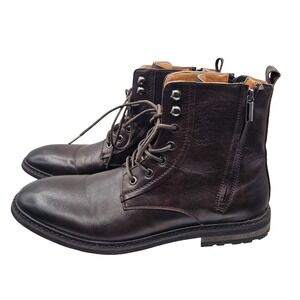 Mens Dark Brown Leather Combat Boots Dual Side Zip Lug Sole Lace Up Mid Calf
